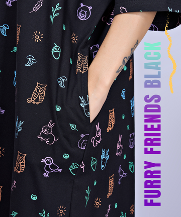 Furry Friends Black Oversized Pocket Tee