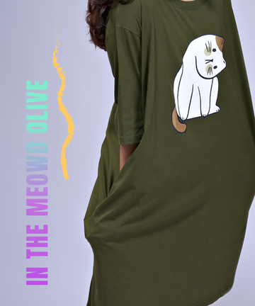 In The Meowd Olive Oversized Pocket Tee