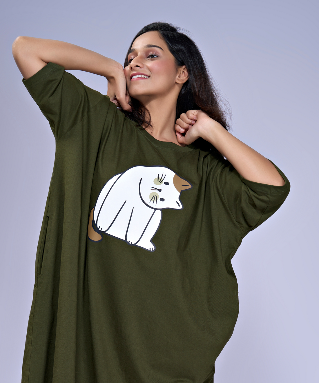 In The Meowd Olive Oversized Pocket Tee
