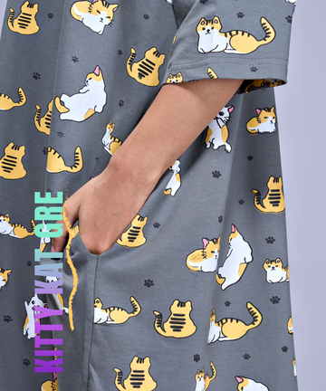 Kitty Kat Grey Oversized Printed Pocket Tee