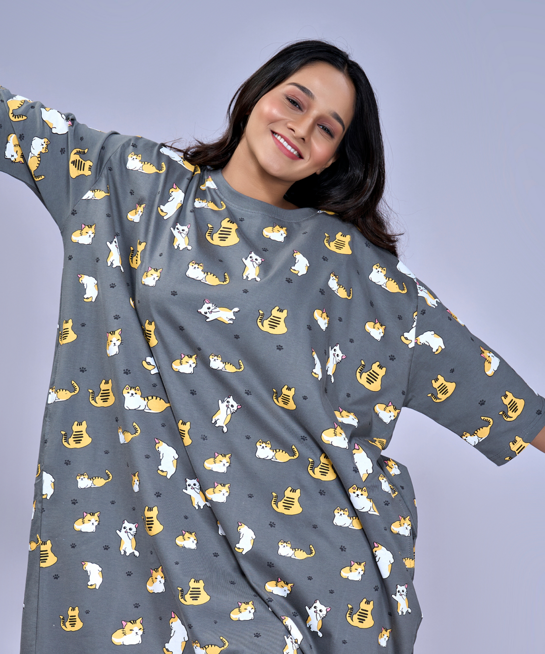 Kitty Kat Grey Oversized Printed Pocket Tee