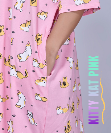 Kitty Kat Pink Oversized Printed Pocket Tees