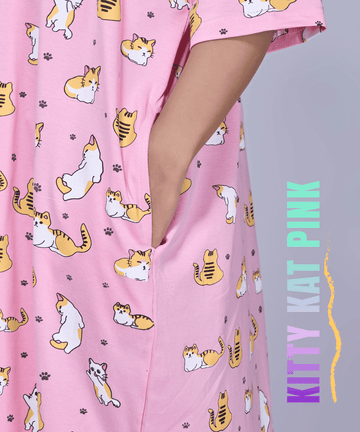 Kitty Kat Pink Oversized Printed Pocket Tees
