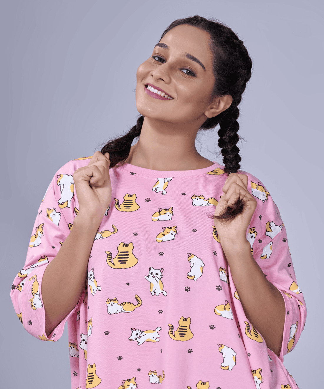 Kitty Kat Pink Oversized Printed Pocket Tees