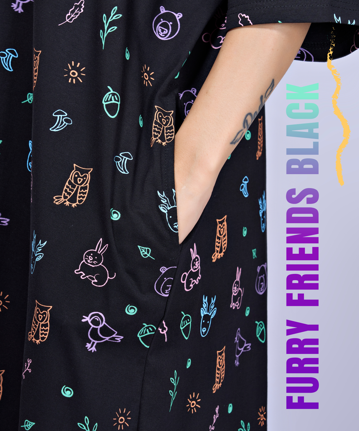 Furry Friends Black Oversized Pocket Tee