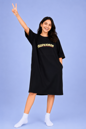 Supermom Black Oversized Feeding Pocket Tees (With Full Zip)
