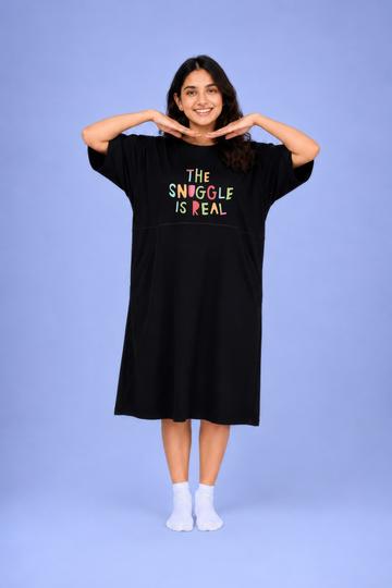 Snuggle Club Black Oversized Feeding Pocket Tees (With Full Zip)