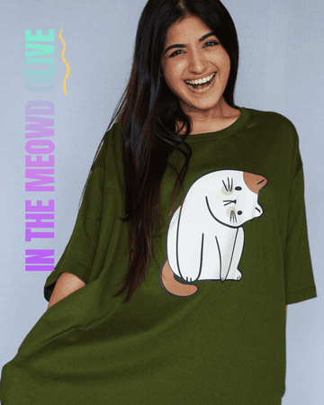 In The Meowd Olive Oversized Pocket Tee