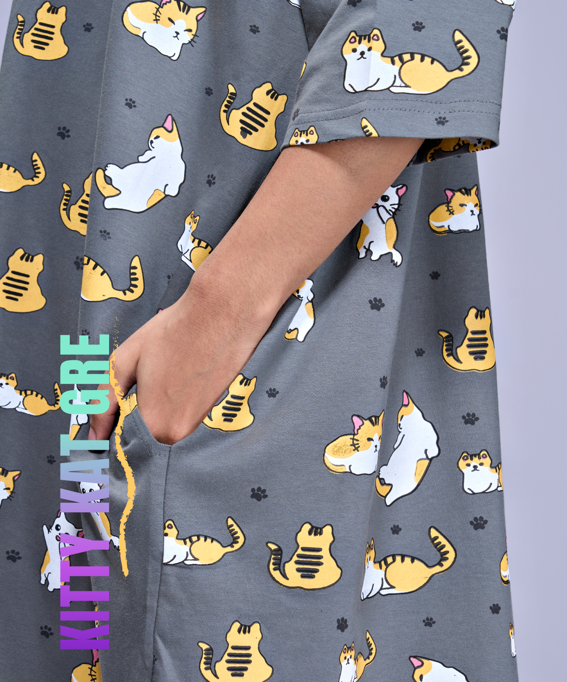 Kitty Kat Grey Oversized Printed Pocket Tee