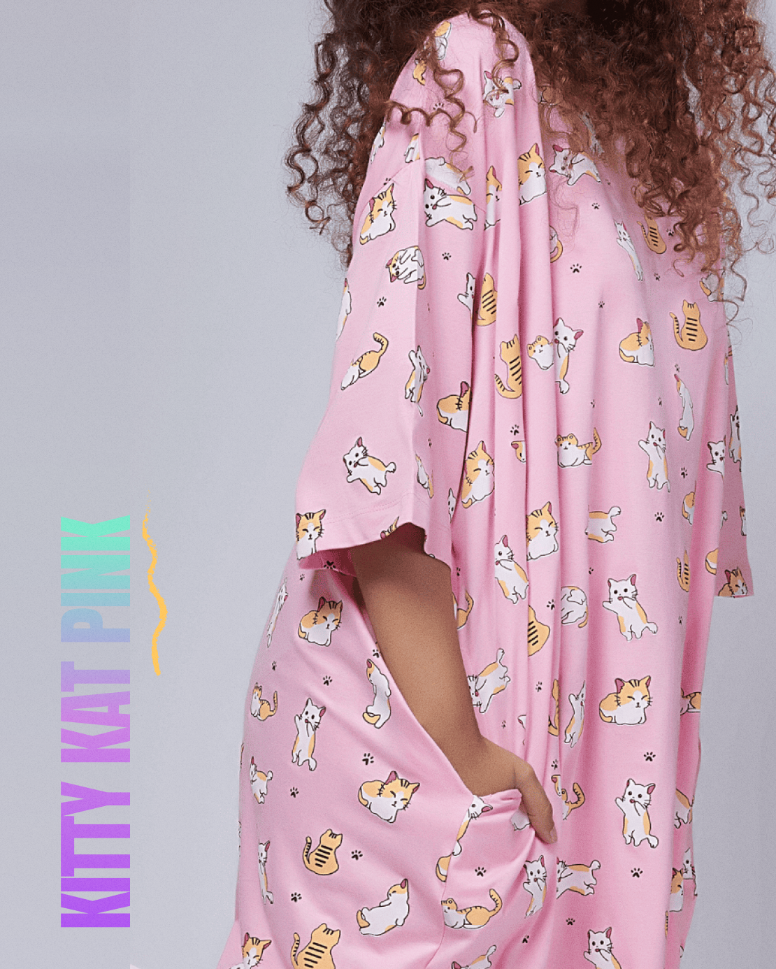 Kitty Kat Pink Oversized Printed Pocket Tees