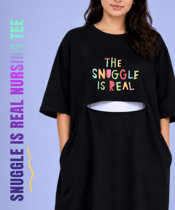 Snuggle Is Real Black Oversized Feeding Pocket Tees (With Full Zip)