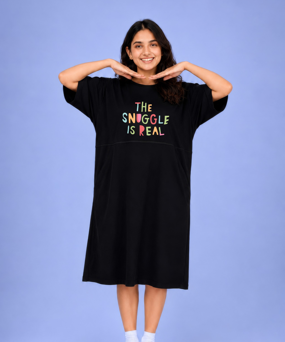 Snuggle Is Real Black Oversized Feeding Pocket Tees (With Full Zip)