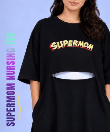 Supermom Black Oversized Feeding Pocket Tees (With Full Zip)