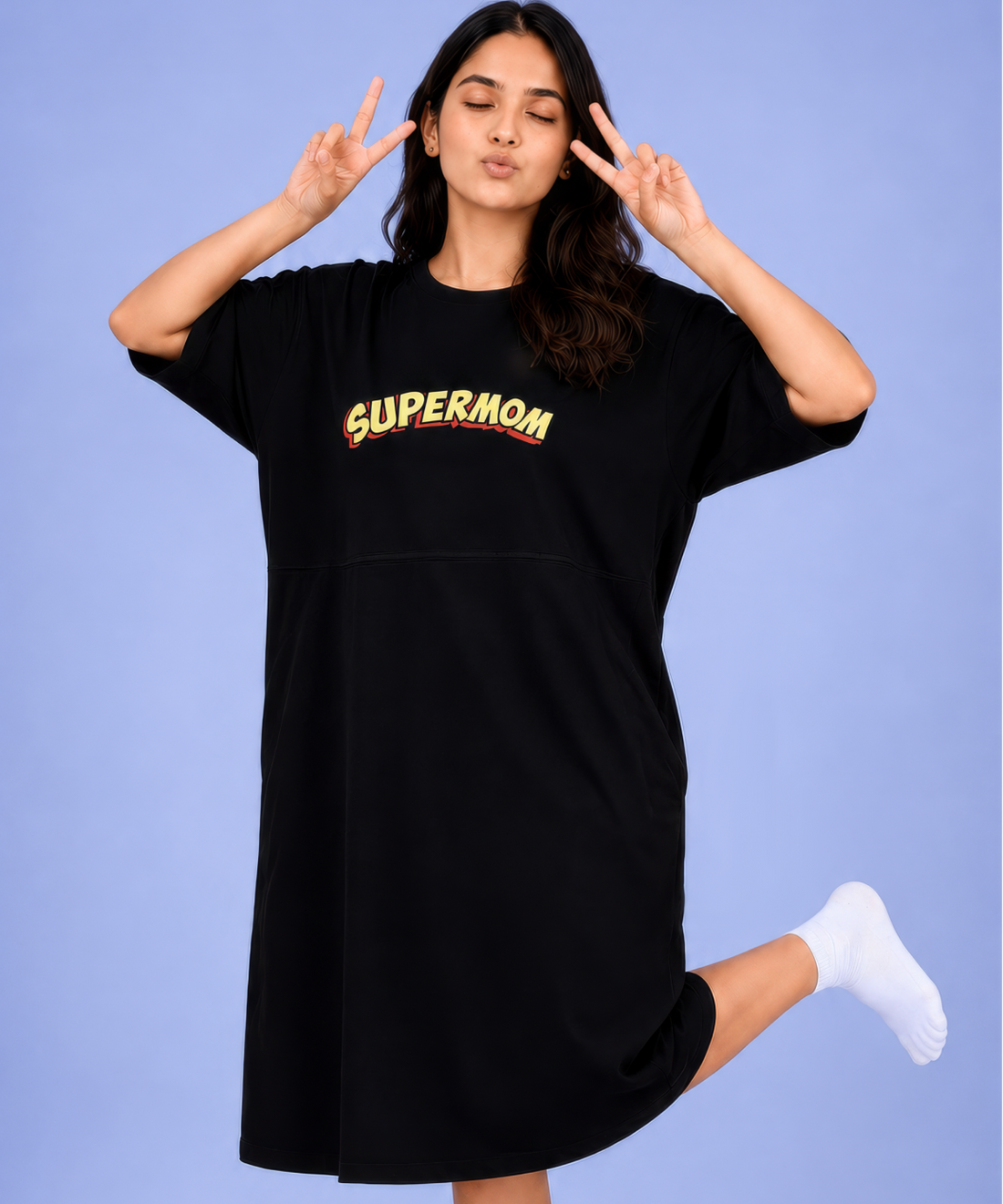 Supermom Black Oversized Feeding Pocket Tees (With Full Zip)
